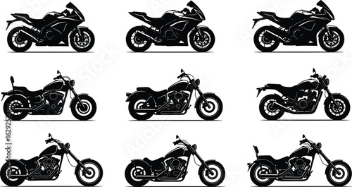 Silhouette collection of sport bikes and cruiser motorcycles, black isolated motorbike illustrations
