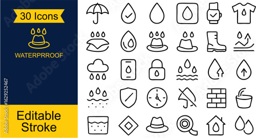 Set of 30 Minimal Waterproof Icons – Perfect for product labels, safety signs, and outdoor gear. Includes water drops, shield, rain, umbrella, and more. Clean vector style for web, app, and print.

