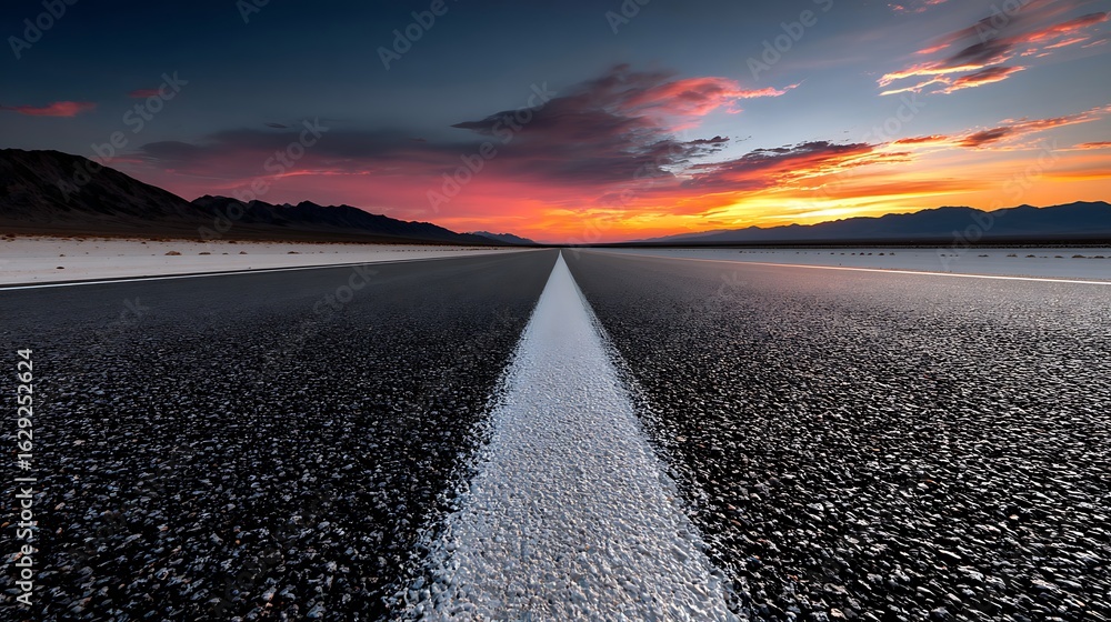 Fototapeta premium A perfectly smooth, black asphalt highway stretches towards the horizon in a desert landscape at sunset.