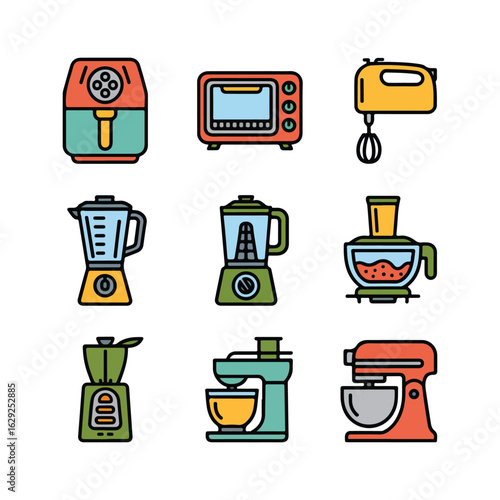 Set of nine flat design kitchen appliance icons in various colors air fryer toaster oven