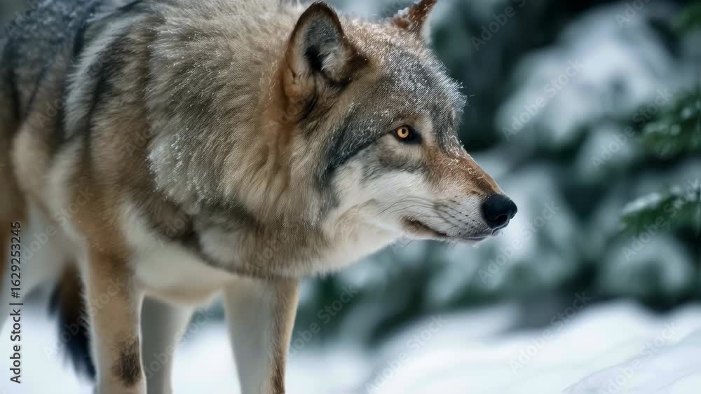 Grey wolf among snow-covered pines gazing upward to the right in a tranquil winter woodland Grey wolf among snow-covered pines gazing upward to the right in a tranquil winter woodland