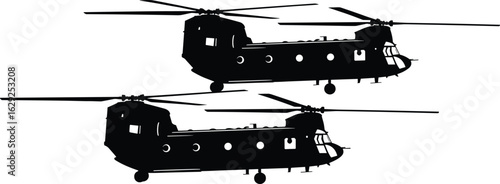 Silhouettes of military helicopters with tandem rotors, CH-47 Chinook style, landing gear, troop transport, heavy-lift aircraft side view