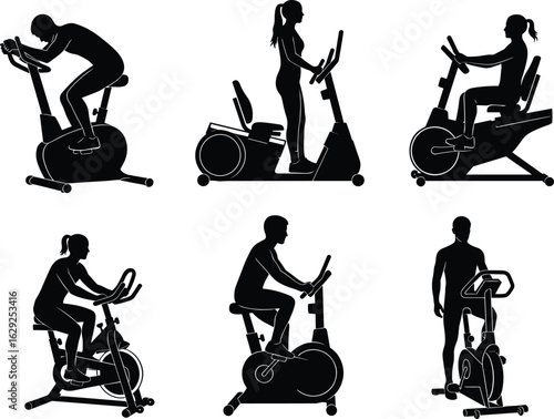 Silhouettes of People Using Exercise Bikes, Recumbent, Upright, Spin Bikes, Fitness Training, Cardio Workout, Active Lifestyle, Gym, Health, Motion
