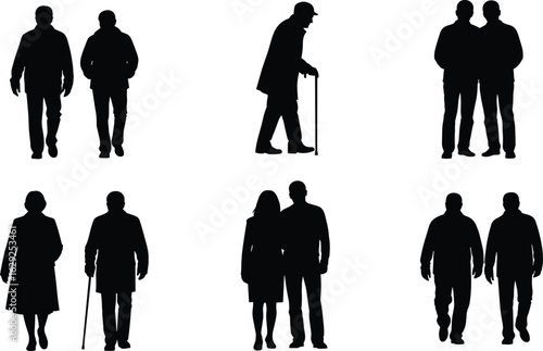 Silhouettes of People Walking Together, Companionship, Mobility, Cane Users, Social Interaction, Unity, Support, Diversity in Movement, Human Connection, Everyday Life