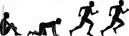 Silhouettes of person sitting, crawling, running gradually, motion progression from stationary to active movement, dynamic fitness, motivation, development, action