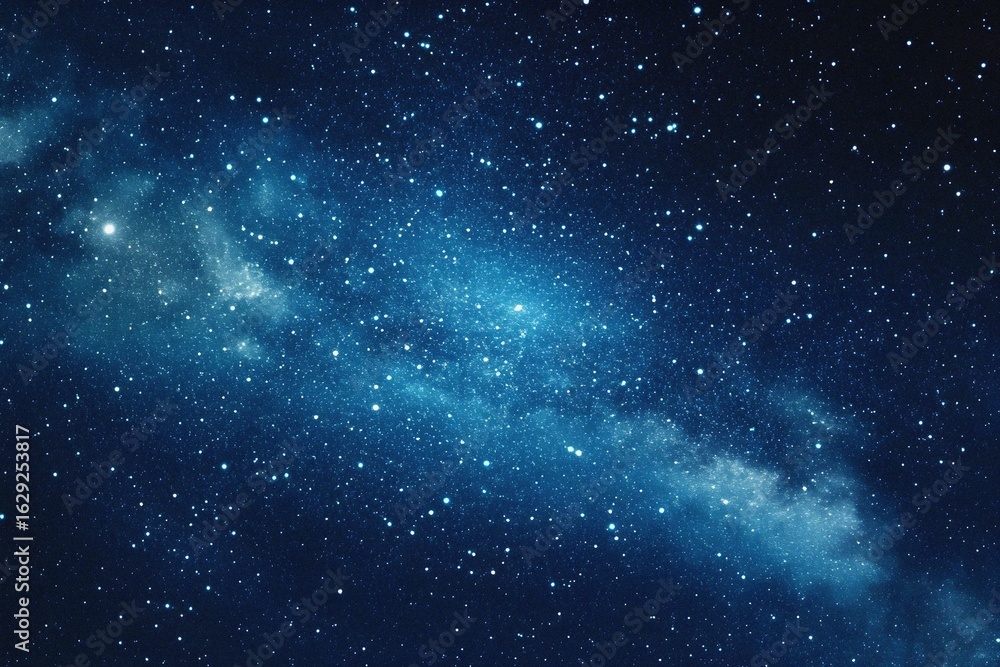 Fototapeta premium Starry sky background, blue night sky full of stars, glowing stars in the dark space, starry background, dark night, stars in the distance, starlight, dark background with a blue glow, night sky. 