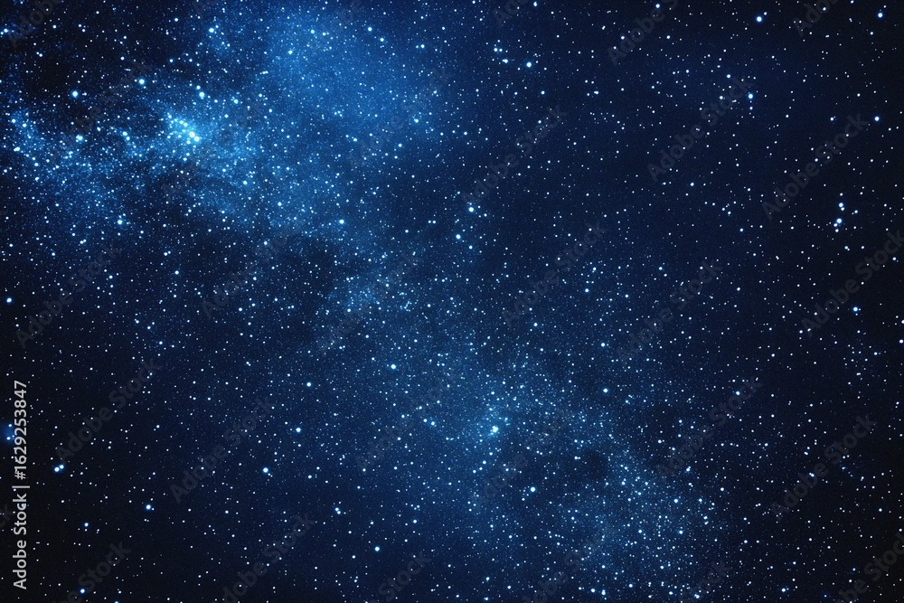 Naklejka premium Starry sky background, blue night sky full of stars, glowing stars in the dark space, starry background, dark night, stars in the distance, starlight, dark background with a blue glow, night sky. 