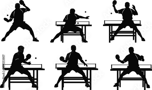 Table tennis silhouette collection, ping pong action poses, sport movement sequence, athlete techniques, racket gameplay illustration, training reference for players