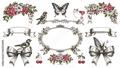 Vintage floral elements with birds, butterflies, ribbons, and cherries on a white background