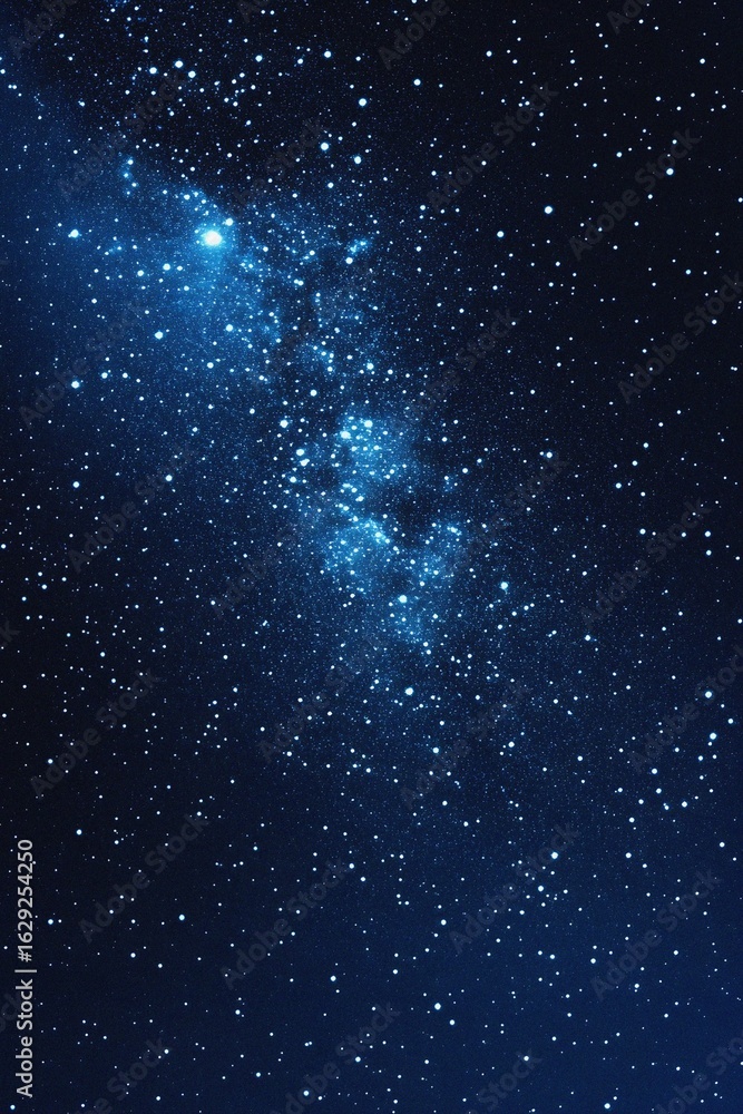 Fototapeta premium Starry sky background, blue night sky full of stars, glowing stars in the dark space, starry background, dark night, stars in the distance, starlight, dark background with a blue glow, night sky. 