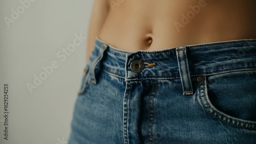 Closeup of a young womans waist and hands fastening her denim jeans, showcasing casual fashion, modern style, and a trendy lifestyle in a minimalist studio shot
