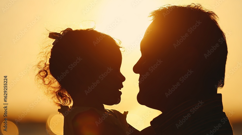 Fototapeta premium A father and daughter sharing a tender moment in silhouette against a breathtaking sunset.