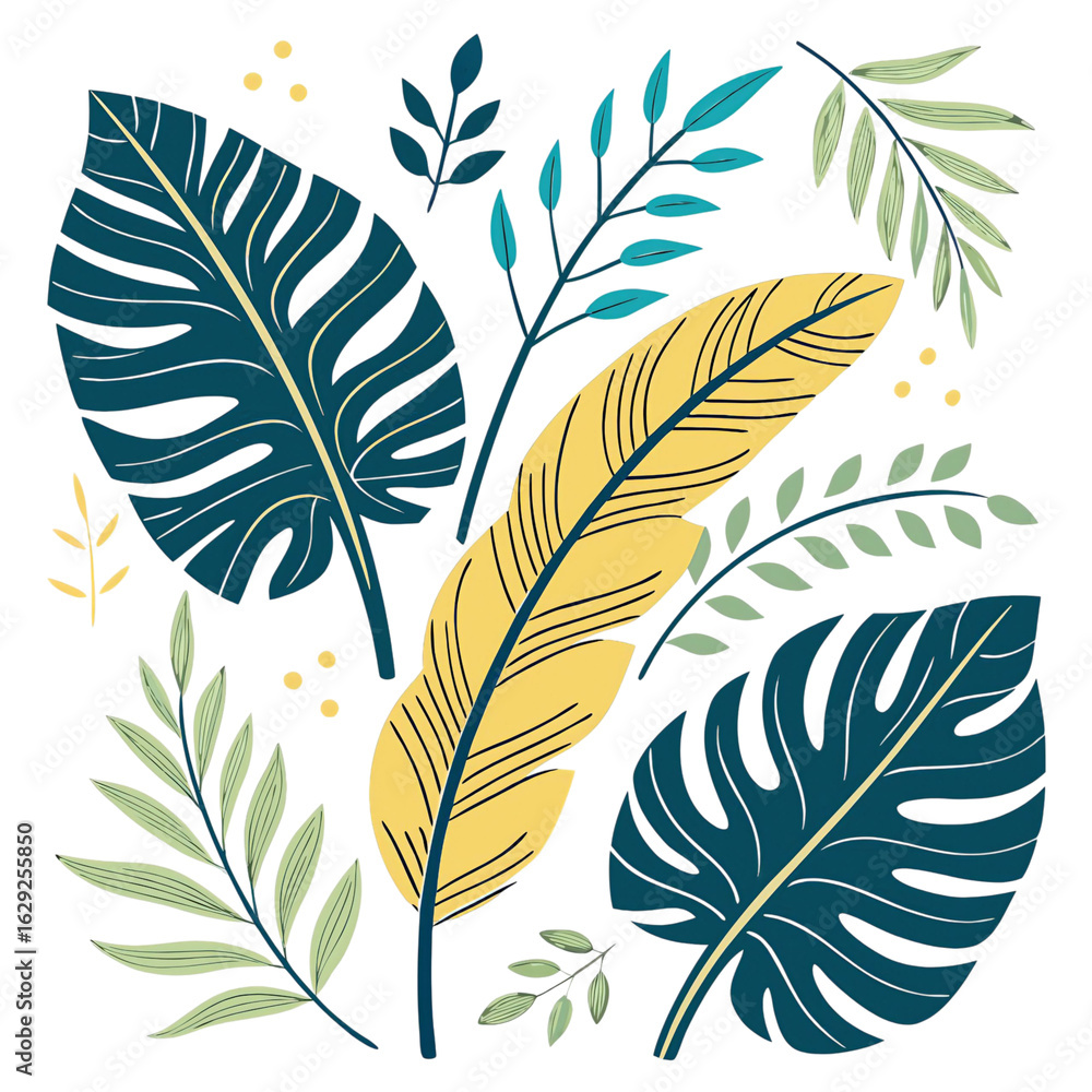 Obraz premium Vibrant tropical leaves and feather illustration on black background