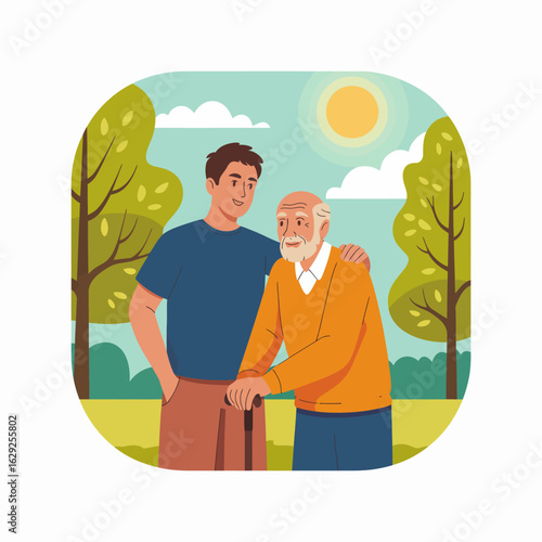 A young man stands beside an elderly man in a sunny park, both displaying friendly expressions, showcasing a heartwarming moment of connection and shared joy in nature's beauty.