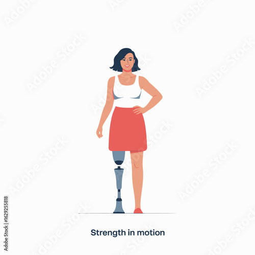 A confident woman with a prosthetic leg stands proudly, showcasing resilience and strength, symbolizing empowerment and the dynamic nature of human capability.