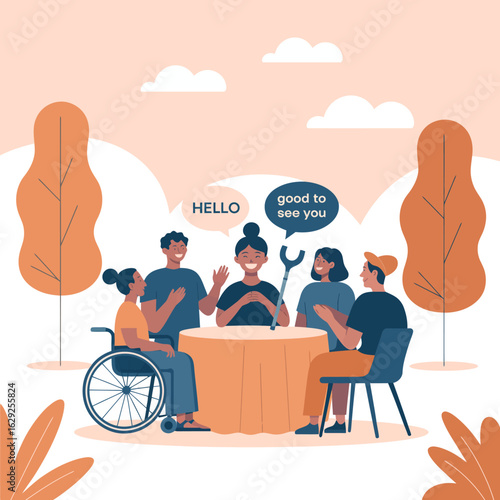 A warm gathering of diverse individuals around a table, engaging in friendly conversation and laughter under open sky, presenting themes of connection and community.