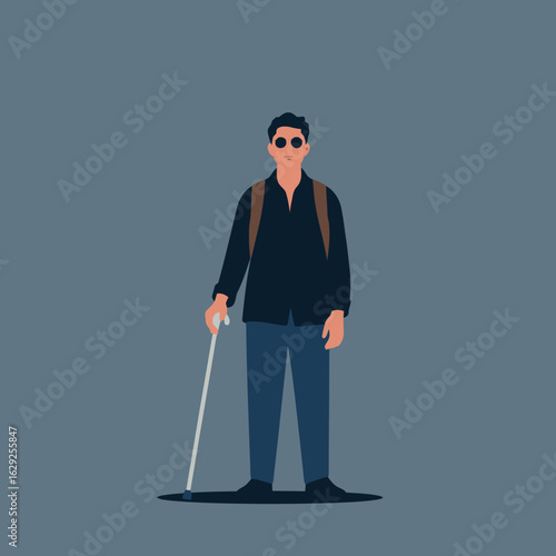 The illustration portrays a blind man confidently standing with a cane, dressed in dark casual clothing, symbolizing strength, independence, and determination in everyday life.