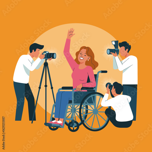 This illustration showcases a confident woman in a wheelchair smiling and waving while being photographed by several photographers capturing her positivity and spirit.