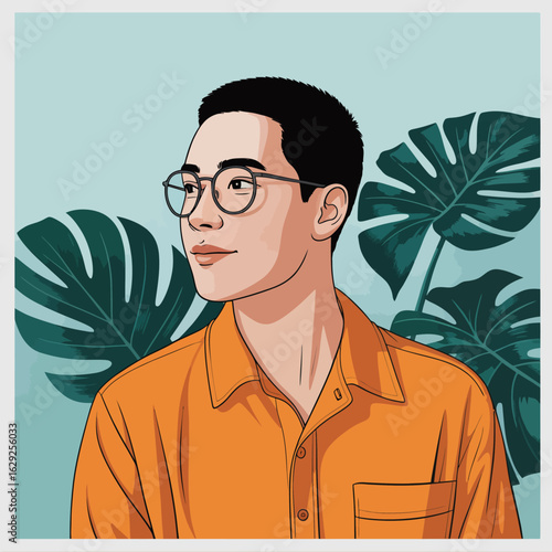 Stylish portrait of a young man gazing into the distance amidst tropical leaves, embodying confidence, youthfulness, and modern aesthetic in a serene, nature-inspired setting.