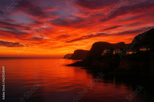 Coastal Sunset Serenity: A breathtaking panoramic view of the coastline at sunset, where the sky is ablaze with vibrant hues of orange and red and the sea reflects the fiery colors.