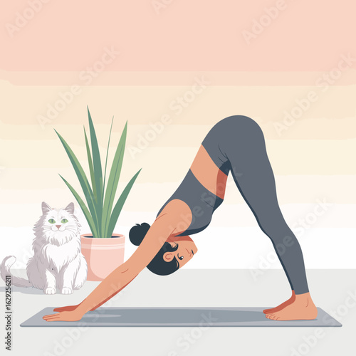 A woman performs the downward dog pose in a cozy indoor space, accompanied by a cute cat, illustrating the joy of practicing yoga at home with pets.