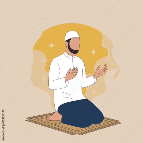 A man dressed in a white tunic kneeling on a prayer rug, with outstretched hands expressing devotion, surrounded by warm, soft colors that evoke spirituality.