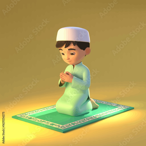 A young boy dressed in traditional attire kneels in prayer, capturing the innocence and serenity of a spiritual moment bathed in soft, gentle light.