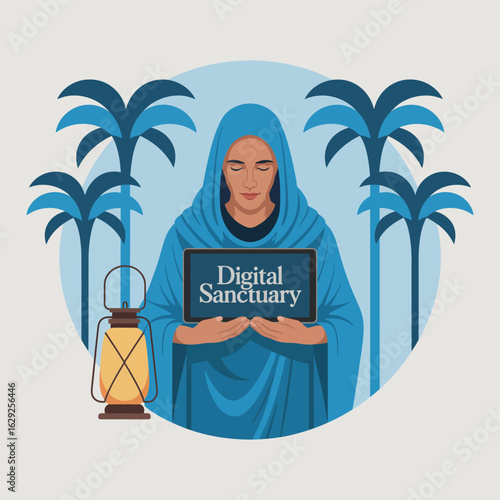 A figure in traditional attire holds a sign in a tranquil setting adorned with palm trees and a lantern, encapsulating the fusion of digital knowledge and ancient wisdom.