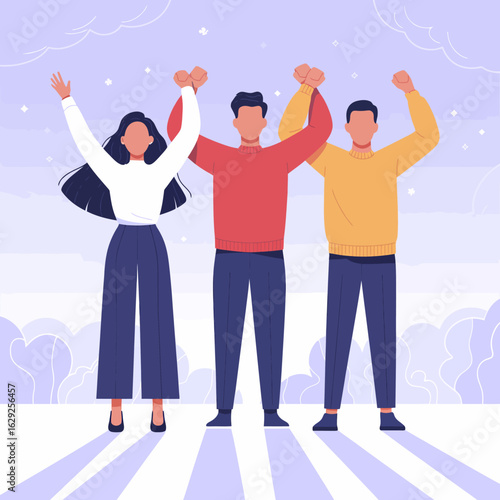 A vibrant illustration of three individuals celebrating joyfully, representing unity and friendship, set against a soft pastel background with dynamic elements.