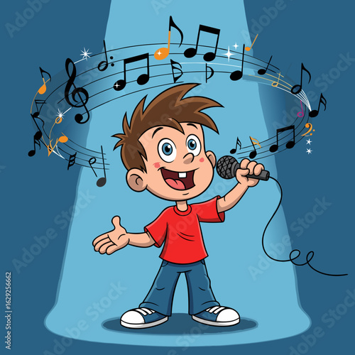 Cartoon illustration of a young boy with spiky hair singing happily into a microphone surrounded by musical notes.