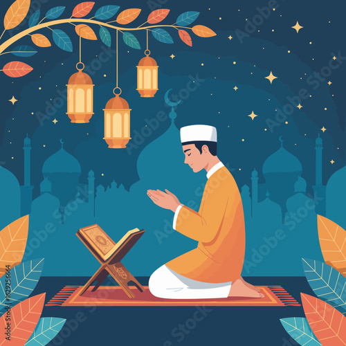 An attentive man kneels in prayer with an open Quran in front of him, illuminated by lanterns and surrounded by a serene night sky depicting spirituality and connection to faith.