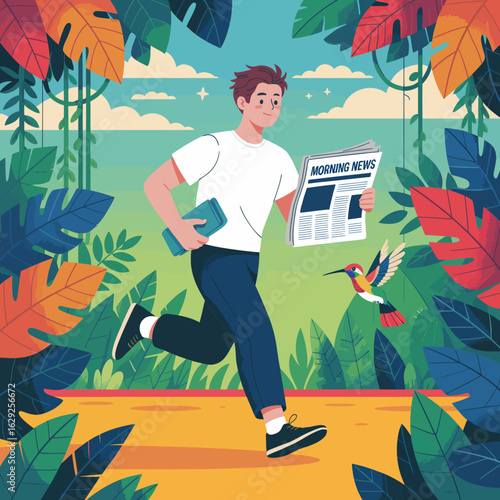 A cheerful person jogs through a vibrant jungle holding a newspaper, exuding energy and connection to nature while a hummingbird flutters nearby, capturing a lively morning scene.