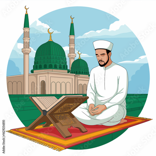 A serene man sits peacefully outdoors on a prayer mat, reading the Quran with a mosque in the background, symbolizing spirituality, faith, and personal reflection.