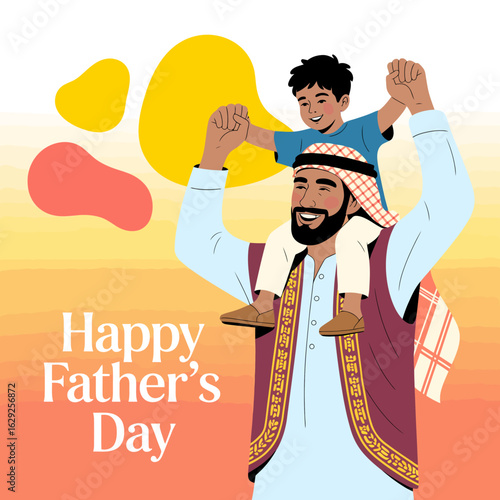 A vibrant illustration showcasing a father celebrating Father's Day with his son riding on his shoulders, embodying joy and love in a festive atmosphere.