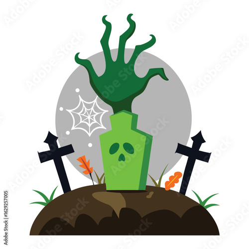Zombie Hand Emerging from Haunted Grave with Tombstone and Grass Halloween Vector Scene