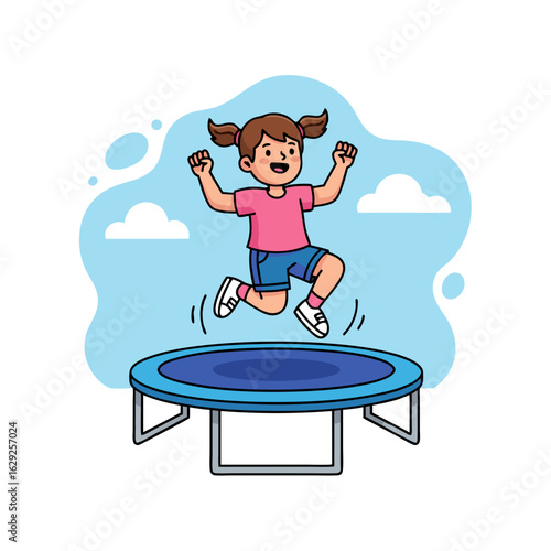 Excited cartoon girl with brown pigtails happily jumping on a round blue trampoline.