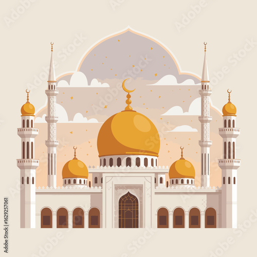 A stunning illustration of a mosque featuring golden domes and tall minarets, set against a soft pastel background, highlighting its architectural beauty and serenity.