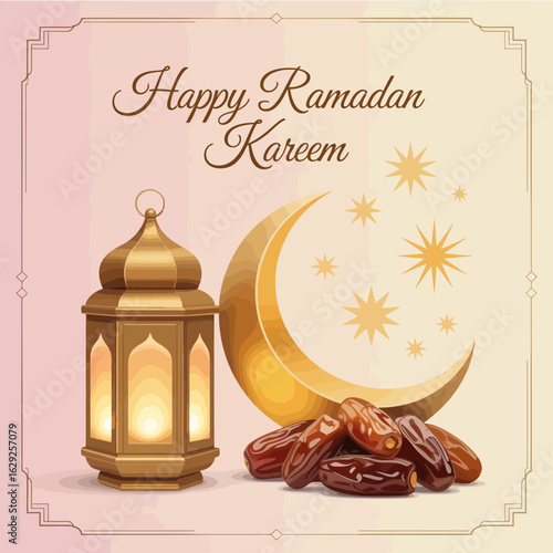 An elegant illustration featuring a traditional lantern, dates, and a crescent moon, symbolizing the joy and warmth of Ramadan celebrations and festive gatherings.