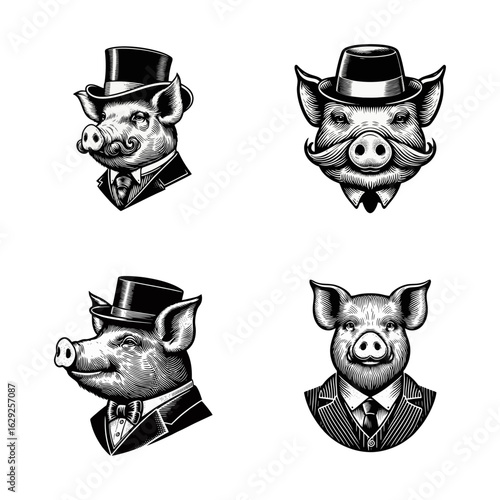 Engraved Pig Heads in Formal Suits Collection