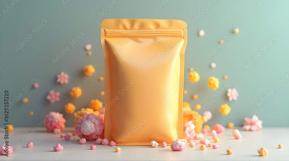 Fototapeta premium Blank Gold Stand-Up Pouch with Candies on Pastel Background