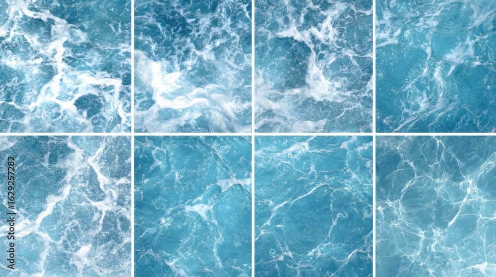 Fototapeta premium Water surfaces display a captivating mix of blues and whites as waves crash and recede. The endless movement reflects sunlight, enhancing the tranquil coastal vista at midday.