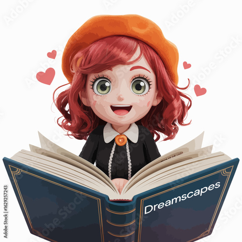 A charming animated character with rosy cheeks and an orange beret joyfully reading 'Dreamscapes,' exuding happiness and curiosity in a whimsical style.