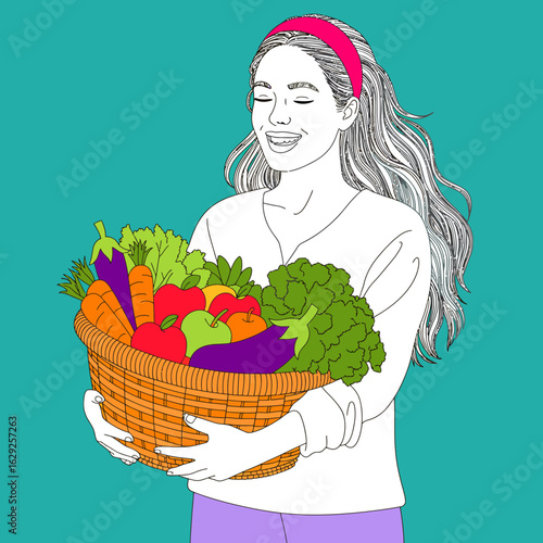 This illustrated image showcases a happy girl holding a basket brimming with fresh vegetables, promoting health, vitality, and a love for fresh, organic food.