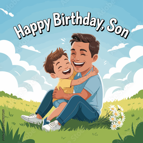 A heartwarming scene of a father and son embracing joyfully during a birthday celebration, capturing the essence of love, family, and cherished moments.