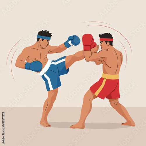 A dynamic boxing scene featuring two fighters in a competitive moment, capturing the intense energy of sports, determination, and athleticism in a stylized illustration.