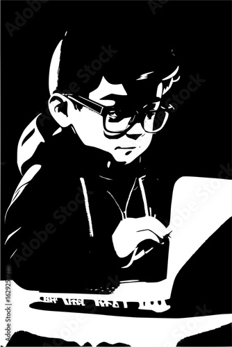A young boy with glasses working on a laptop in black and white with a dark background style image