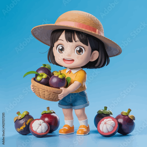 A cute cartoon character holds a basket of fresh mangosteen, radiating joy and innocence while surrounded by vibrant and delicious fruits, showcasing the fruit's appeal.