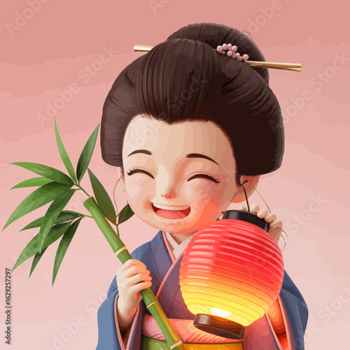 This vibrant illustration captures a happy girl in a traditional kimono holding a glowing lantern, radiating joy and cultural celebration, set against a soft pink background.