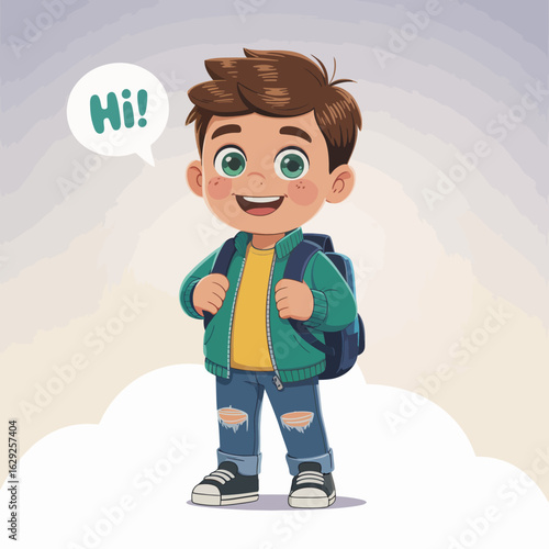 A cheerful young boy carrying a backpack, smiling warmly and greeting with a friendly wave, capturing the essence of youthful energy and curiosity in a lighthearted atmosphere.