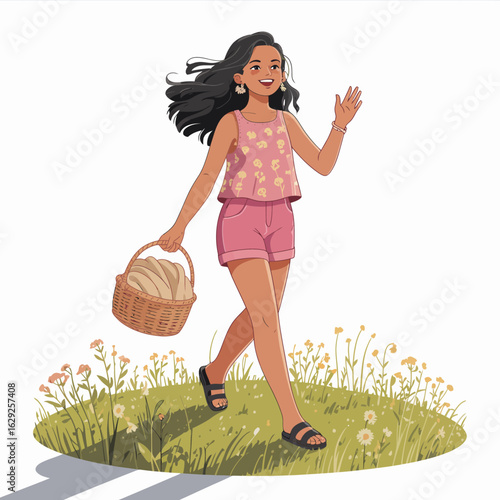 A happy girl walking through a sunny meadow, carrying a basket, embodies natural beauty and carefree moments, showcased in a delightful animated scene.